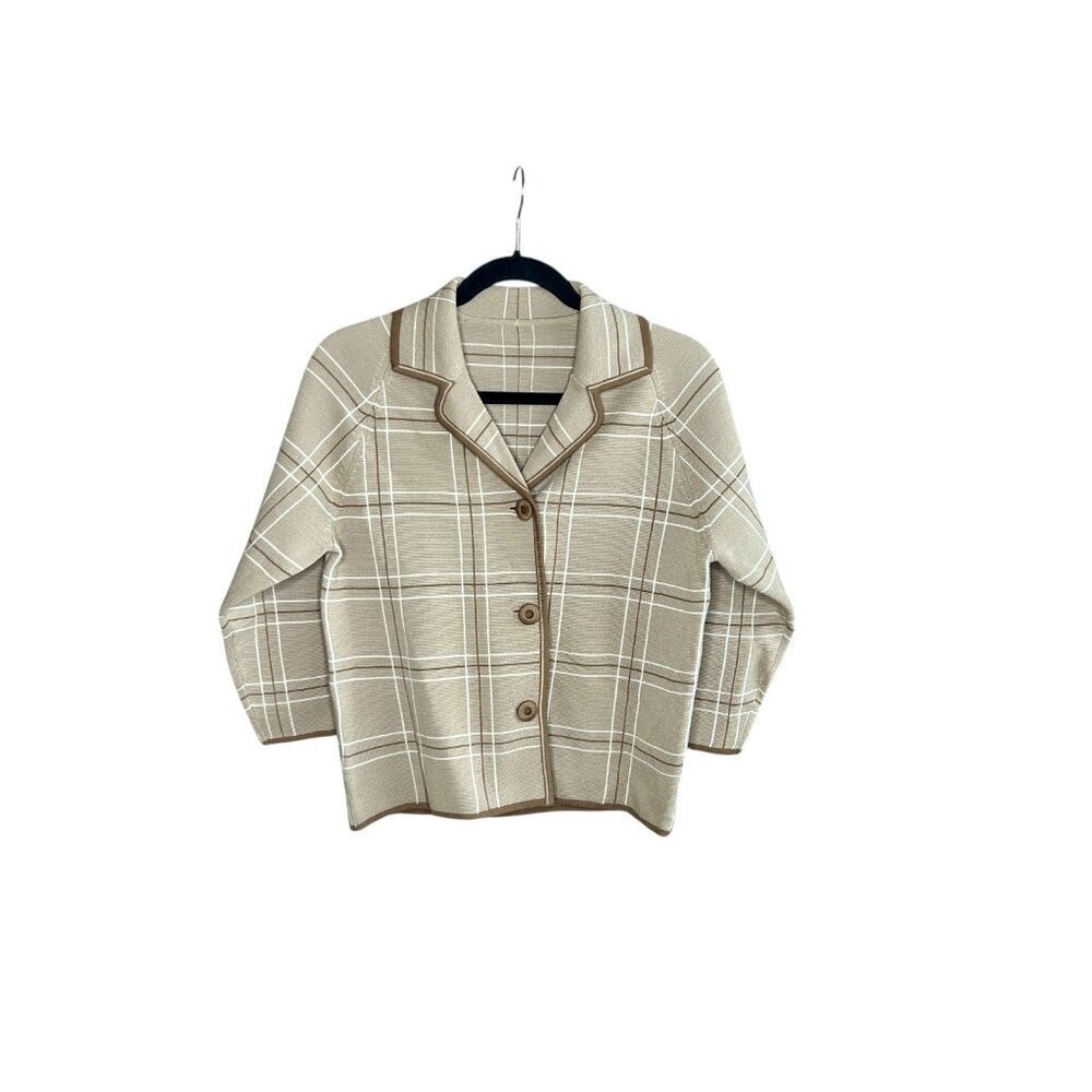 Vintage 50s Tan Cardigan Sweater Boxy Wool Double Knit Windowpane Plaid Size 10 - Picture 2 of 7